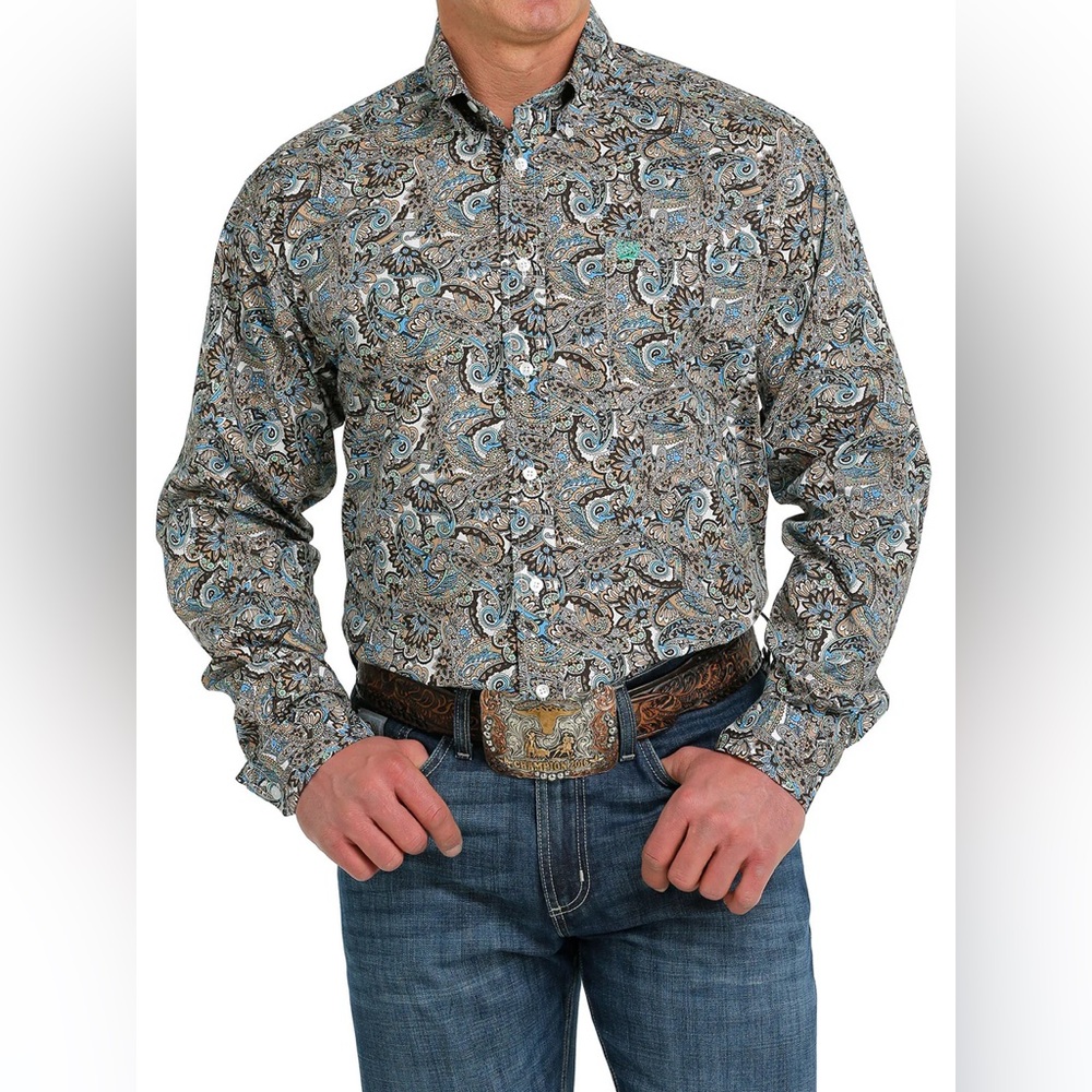 Cinch Western Cowboy Button Up Brown Paisley Print Shirt. Size S